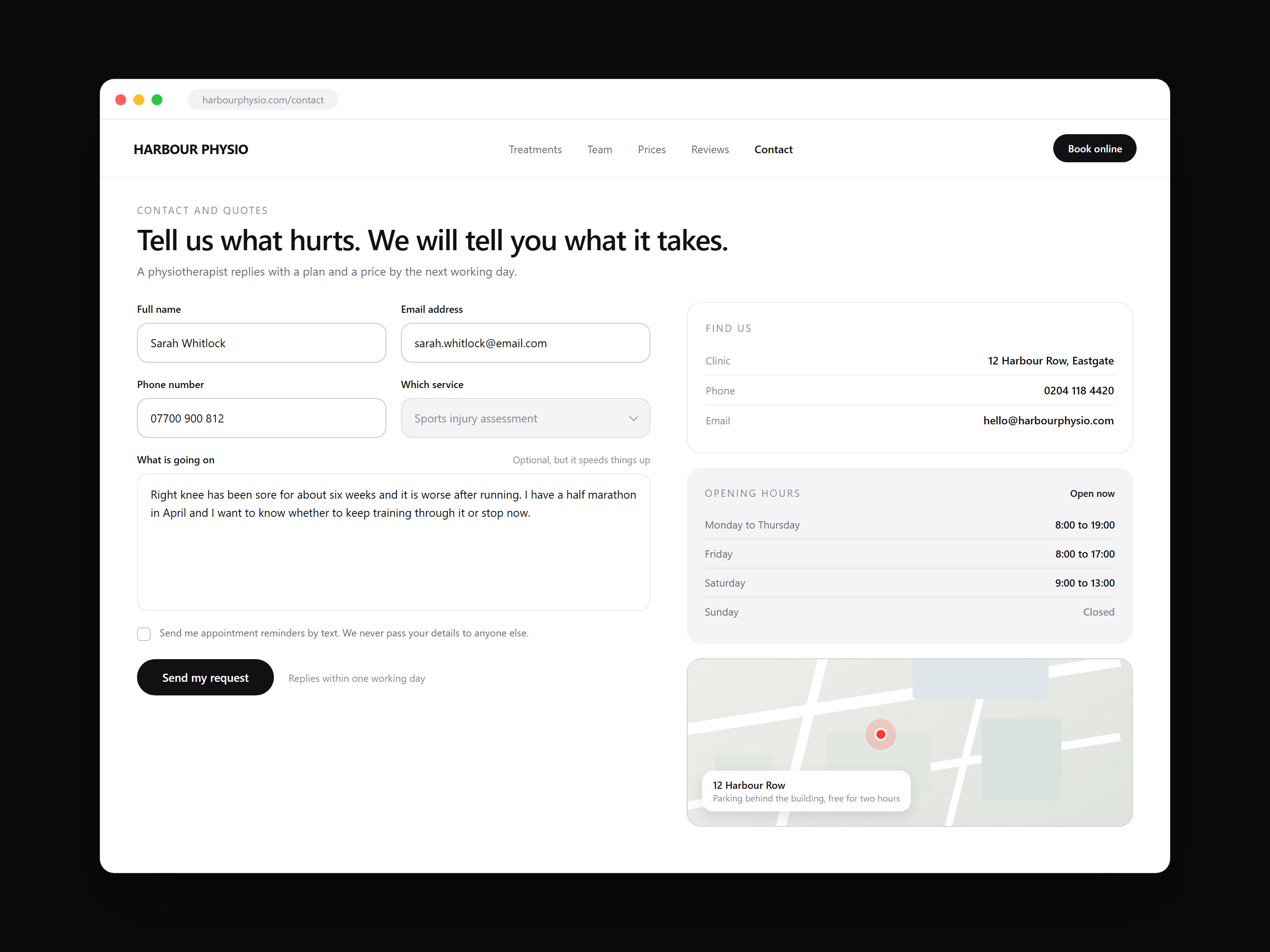 A contact and quote page